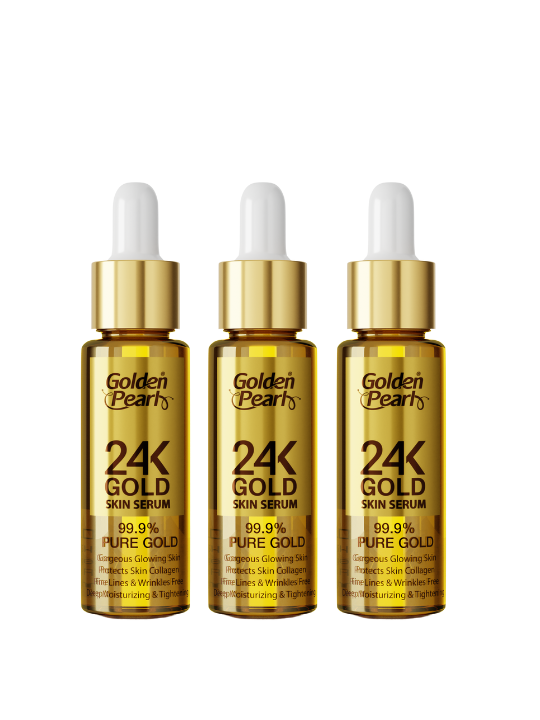 Three bottles of Golden Pearl 24K Gold Skin Serum on a white background
