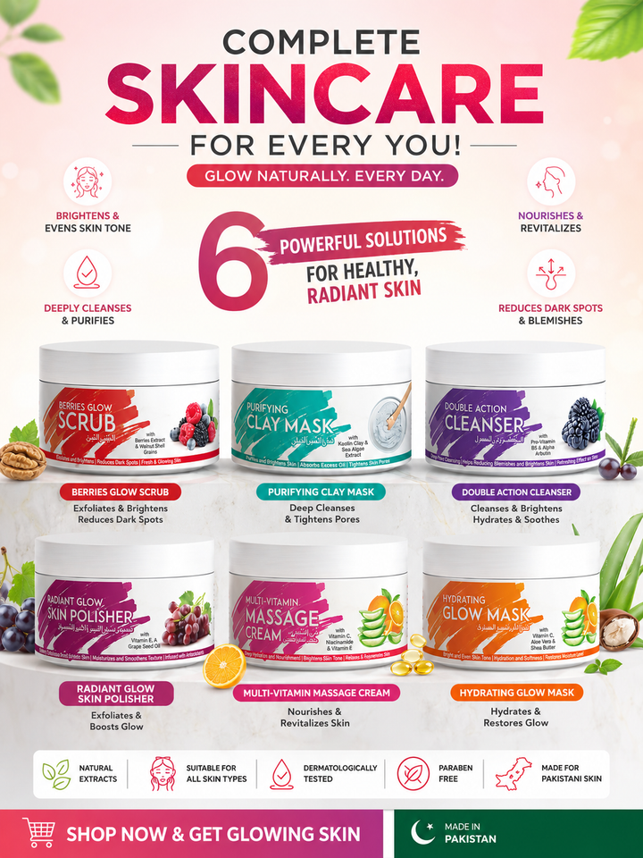 Skincare product set with containers labeled for different skin concerns on a pink background.