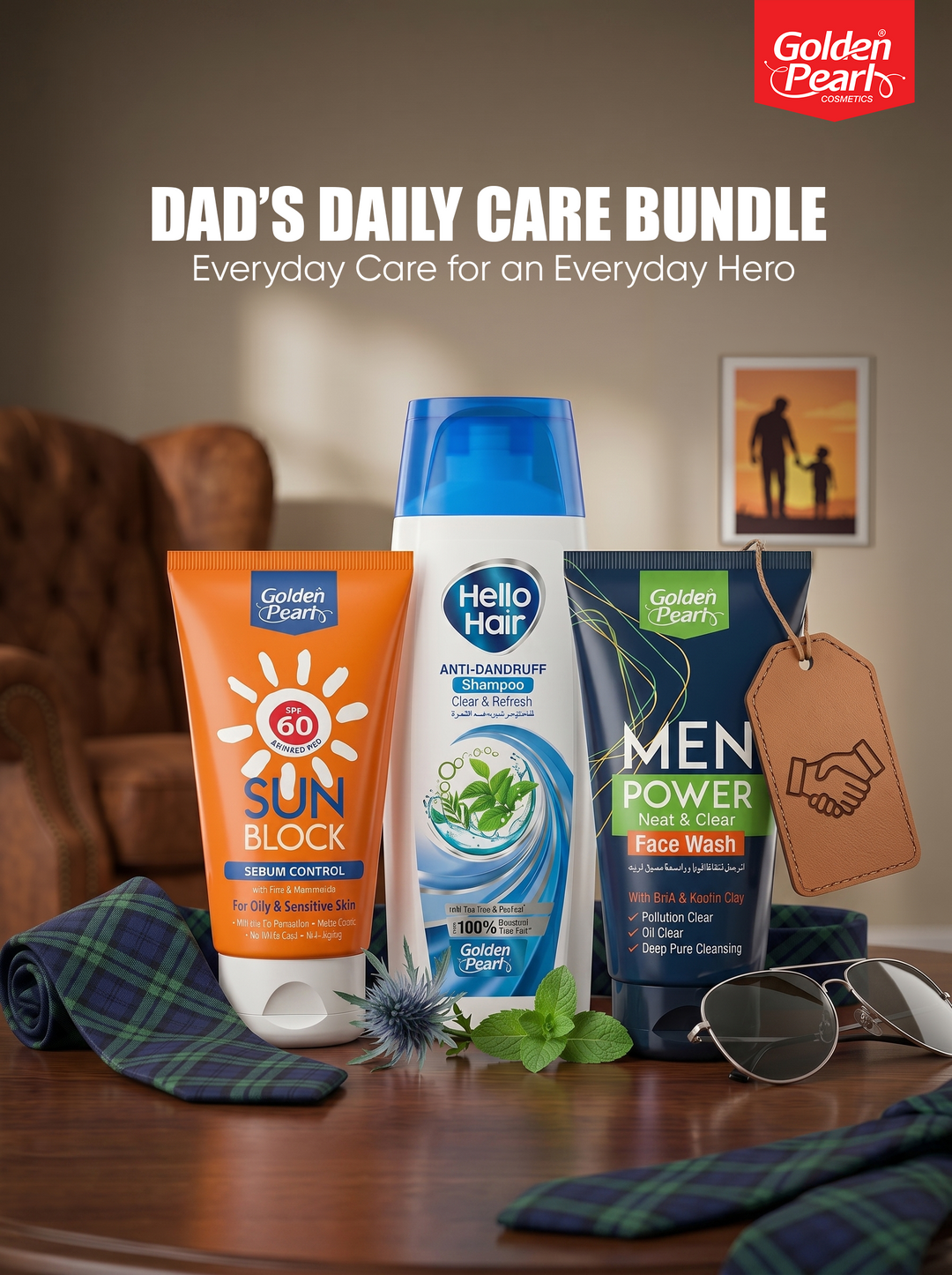 Dad's daily care bundle with Golden Pearl products on a table.
