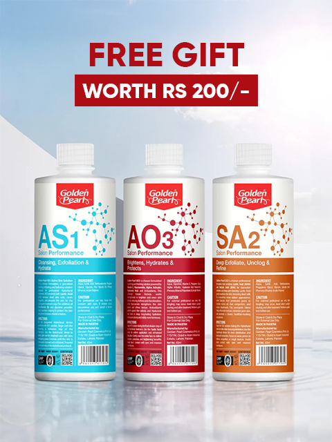 Three bottles of Golden Pearl products with a free gift offer on a gradient background