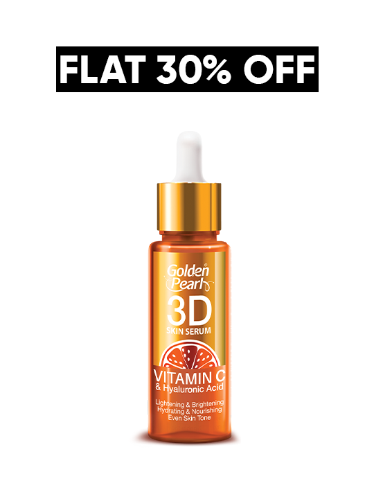 Golden Pearl 3D Sun Serum bottle with a dropper on a white background and promotional text.