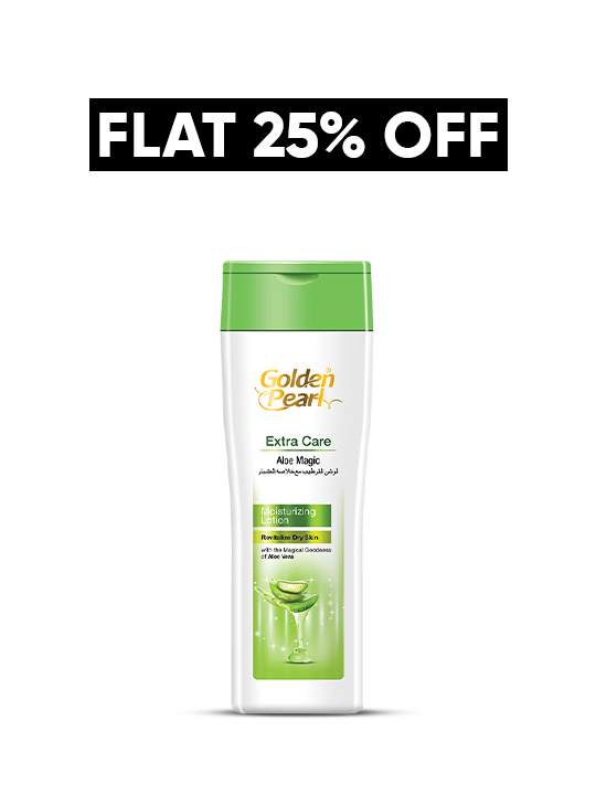 Golden Pearl Extra Care Aloe Magic shampoo bottle with a discount banner on a white background