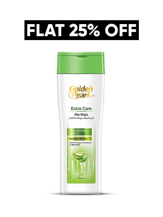 Golden Pearl Extra Care Aloe Magic lotion bottle with a discount banner on a white background