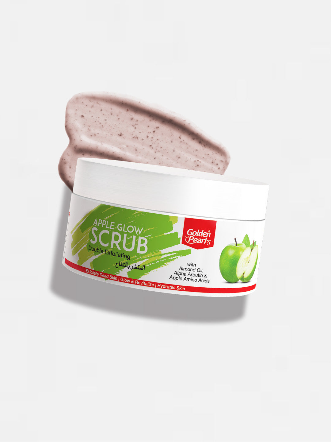 Jar of Golden Apple scrub with a swatch on a white background