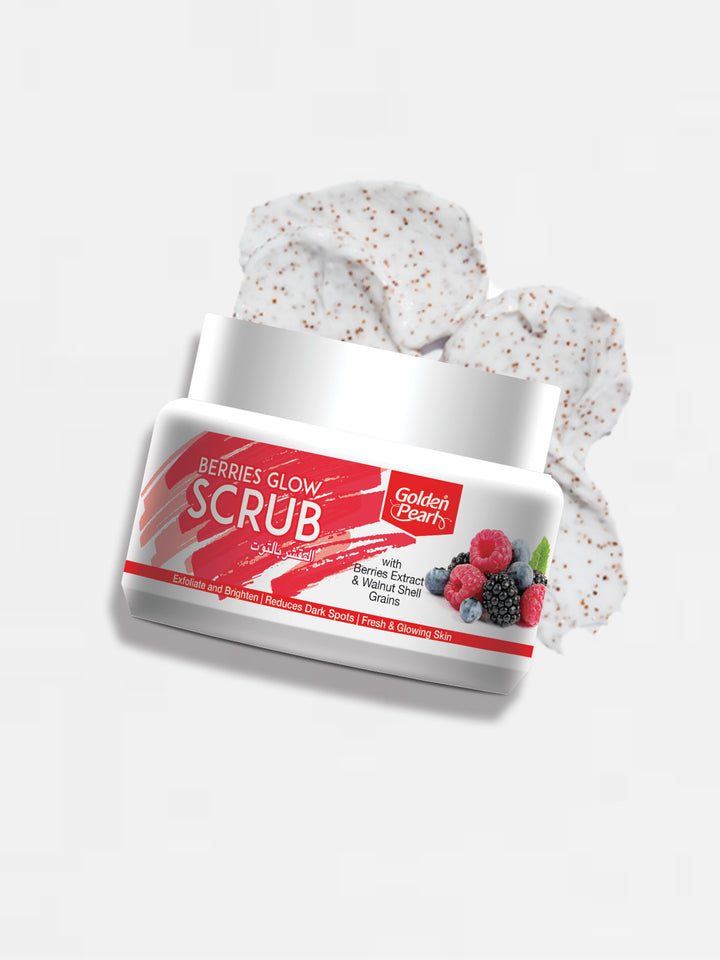 Jar of Golden Pear Berries Glow Scrub with a scrub sample on a white background