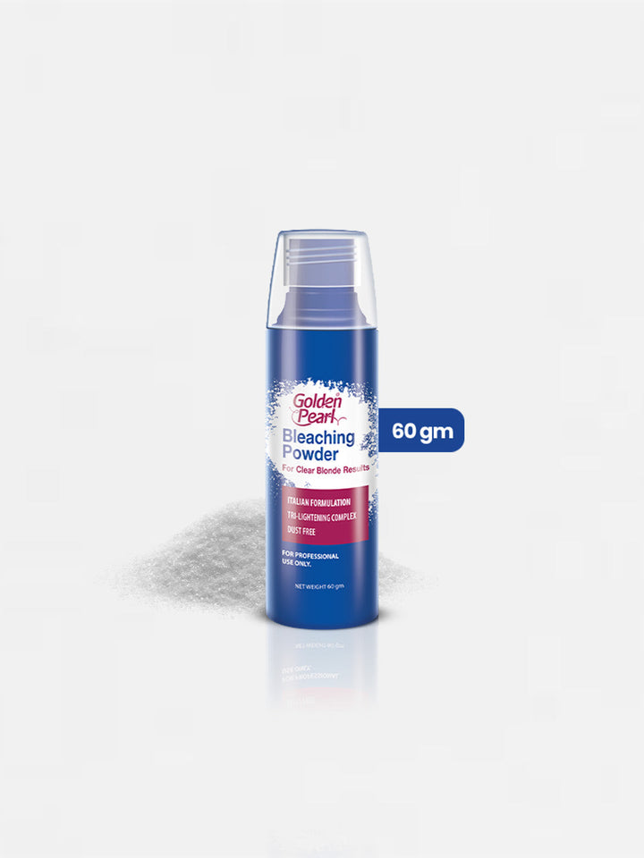Bleaching powder container with visible brand name on a white background
