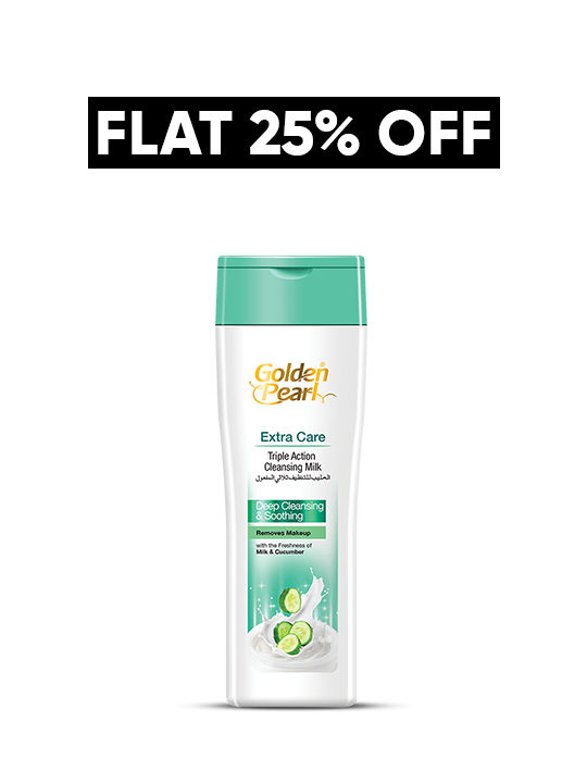 Golden Pearl Extra Care cleansing milk bottle with promotional text on a white background