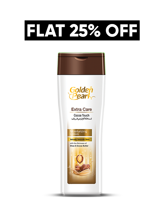 Golden Pearl Extra Care Cocoa Touch shampoo bottle with promotional text on a white background