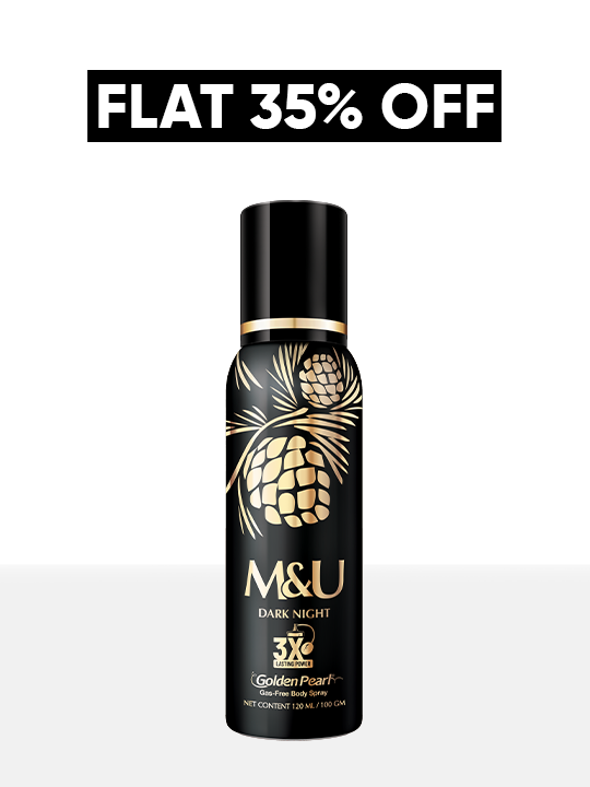 Black deodorant spray bottle with gold design and text on a white background, featuring a promotional offer.