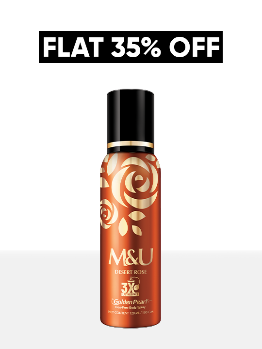 Deodorant spray bottle with 'M&U' branding on a white background, featuring a promotional offer.