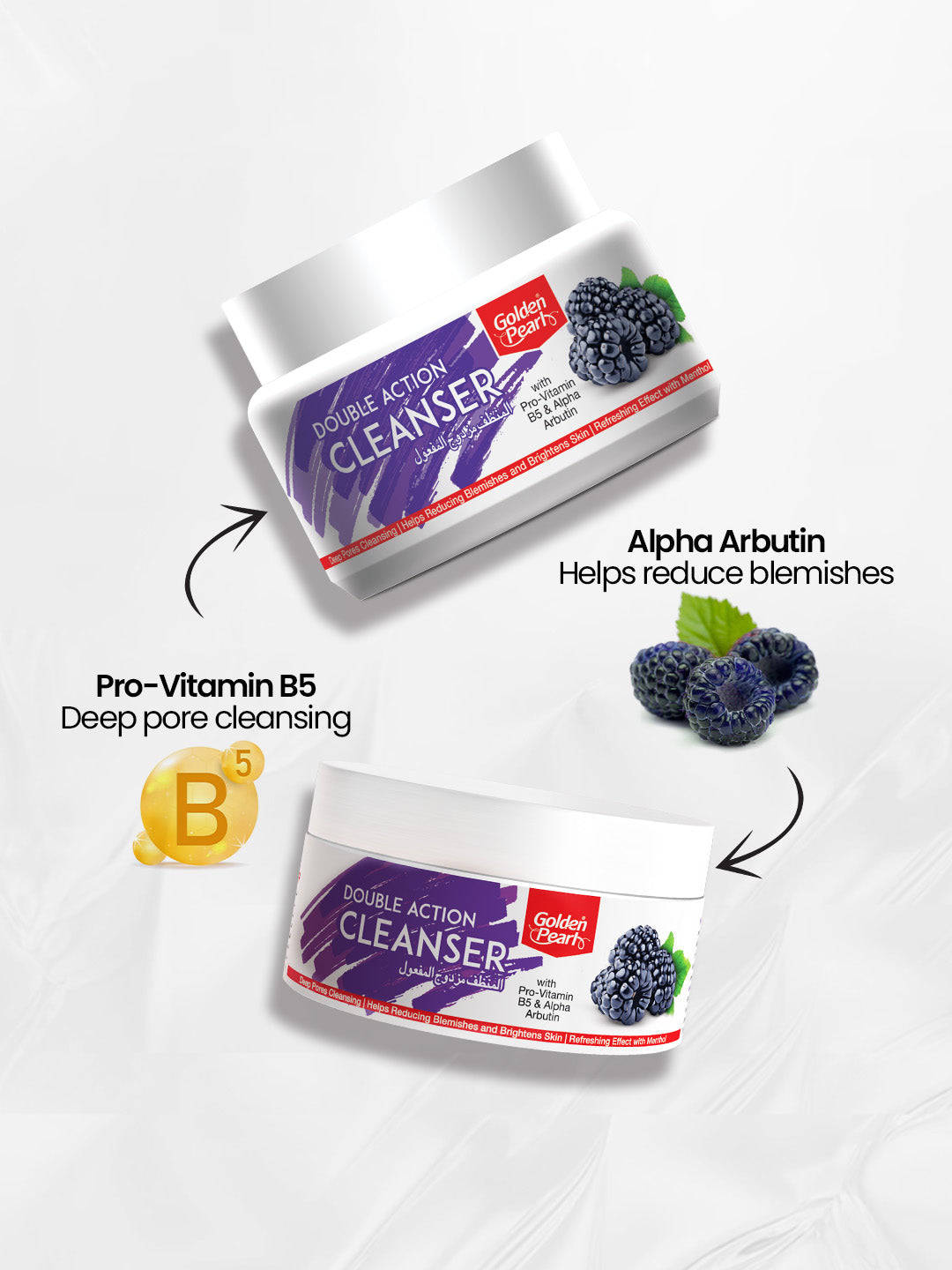 Two containers of Golden Planet Double Action Cleanser with ingredients highlighted on a white background.
