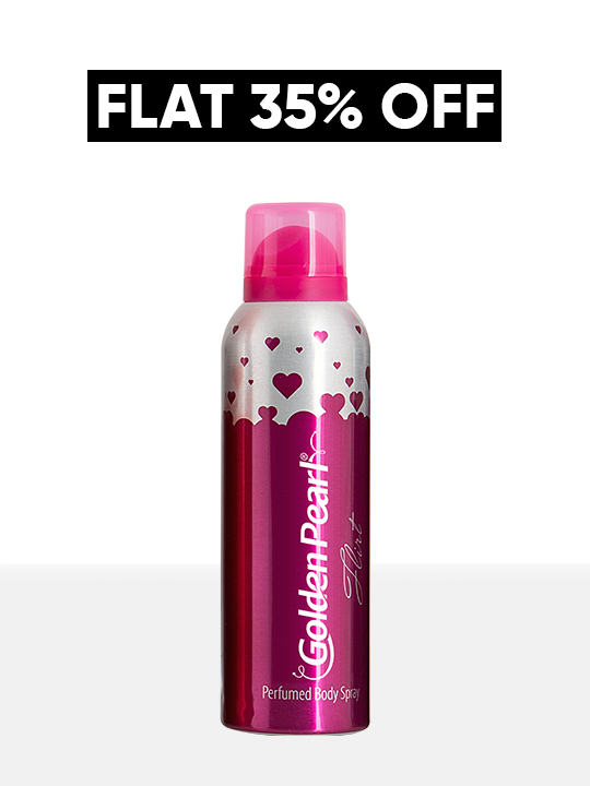 Pink and white Golden Pearl perfume bottle with hearts on a white background