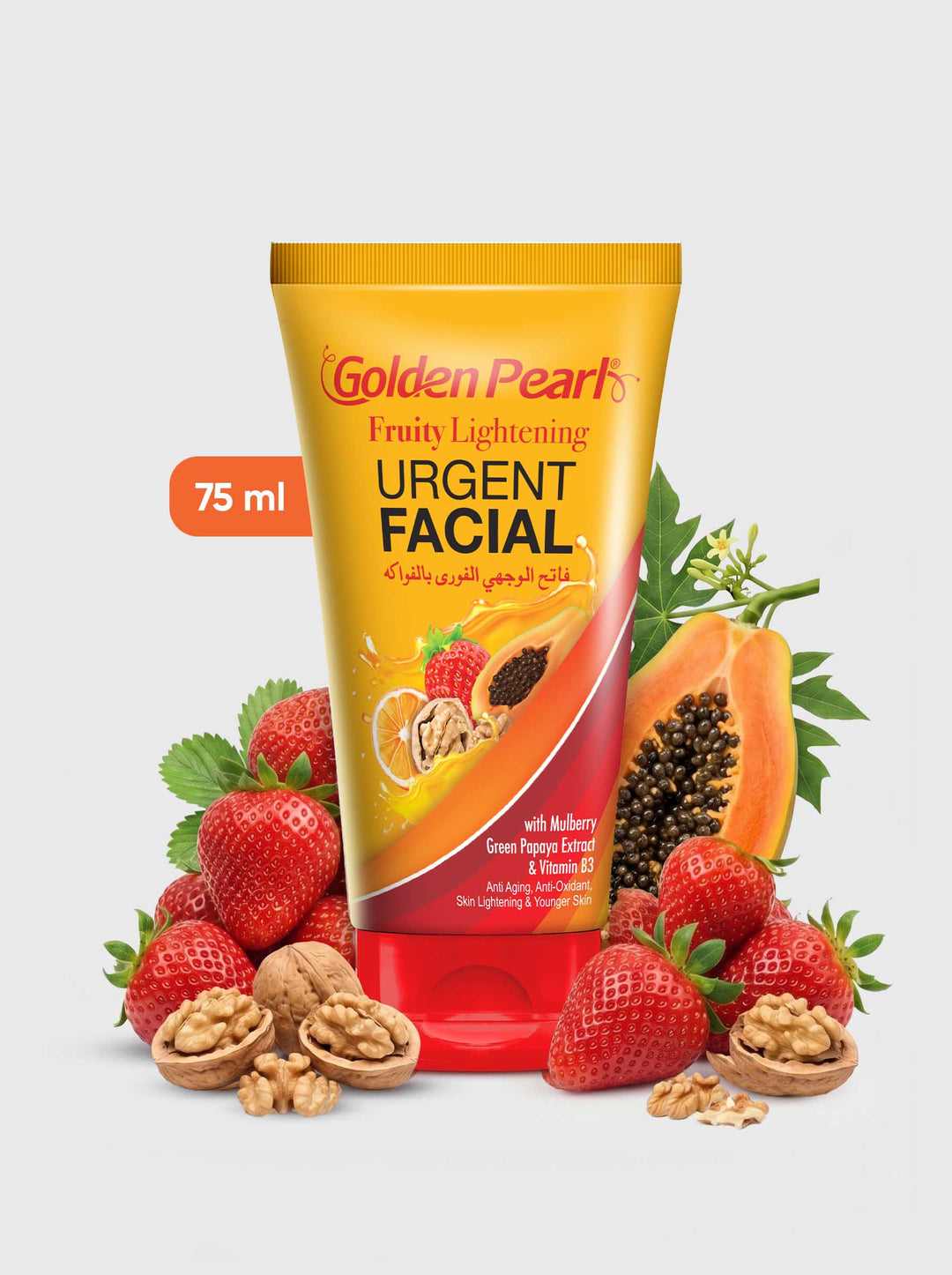 Golden Pearl Fruity Lightening Urgent Facial product with fruits and nuts on a light gray background