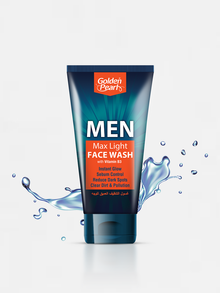 Tube of Golden Pearl Men Max Light Face Wash with water droplets on a white background