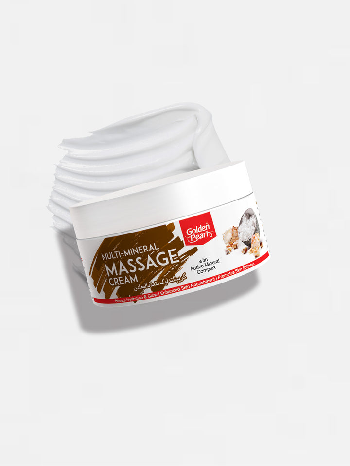 White jar of massage cream with a label on a light gray background