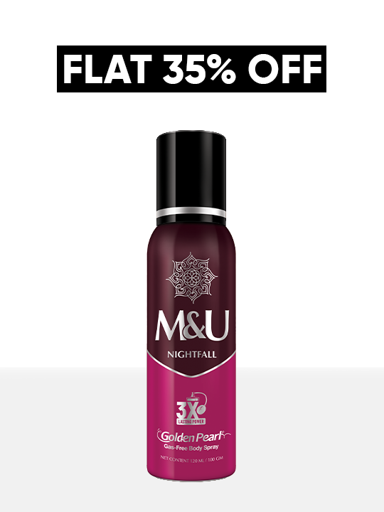 M&U Nightfall deodorant spray bottle with promotional text on a white background