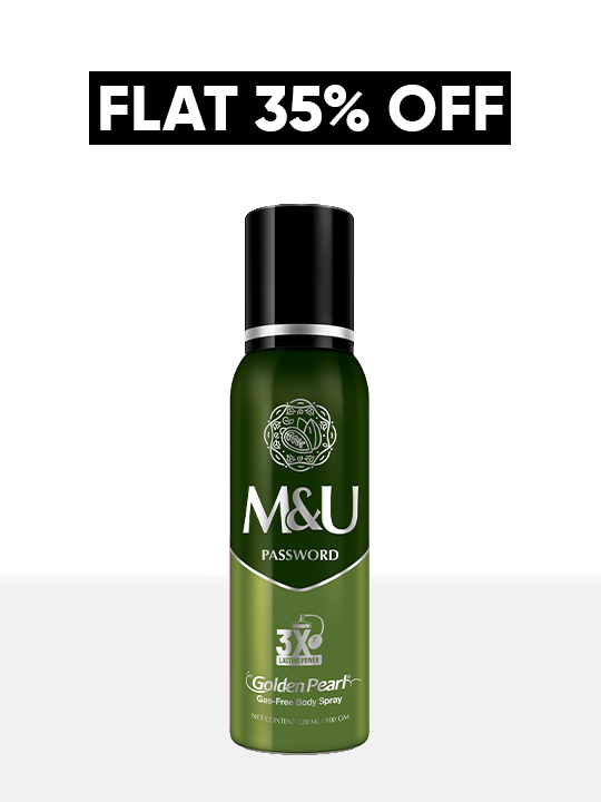 Green deodorant spray bottle with 'M&U' branding on a white background, featuring a discount offer.