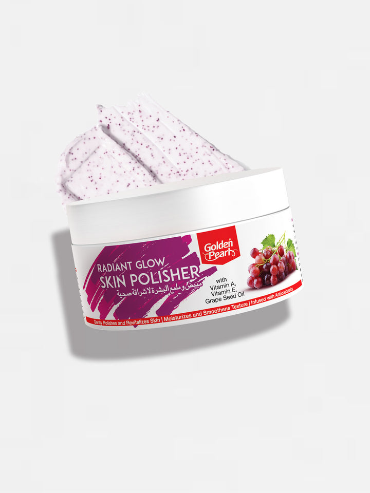 Jar of Golden Pearls Radiant Glow Skin Polisher on a white background