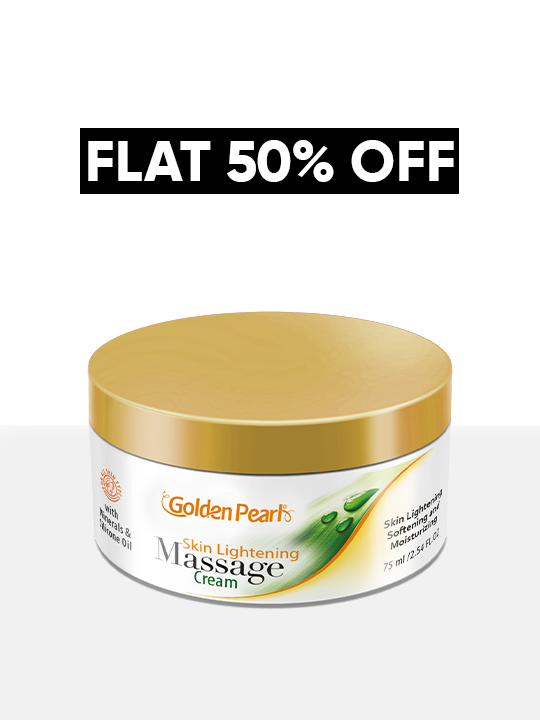 Golden Pearl Skin Lightening Massage Cream jar with a gold lid on a white background, featuring a flat 50% off text.