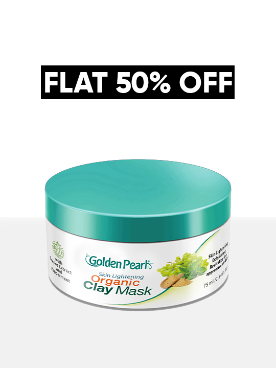 Jar of Golden Pearl Organic Clay Mask with a promotional flat 50% off text on a white background