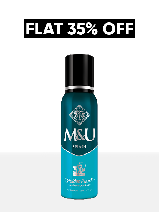 Blue deodorant spray bottle with black cap on a white background, featuring &