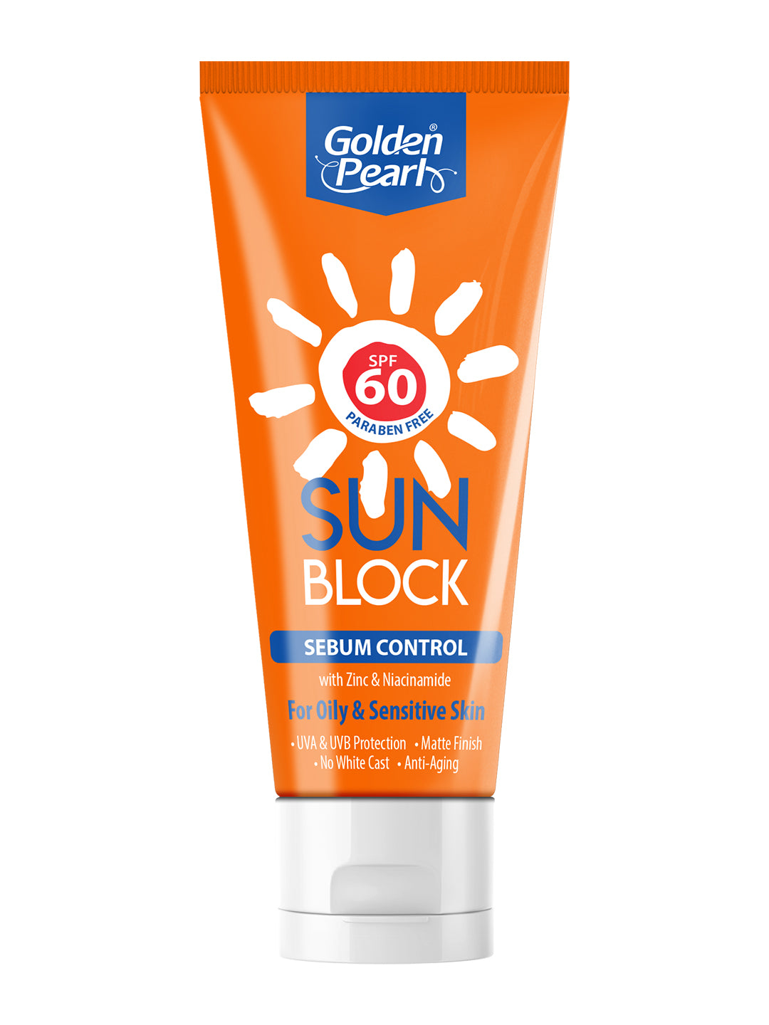 A tube of Golden Pearl Sun Block Sebum Control with SPF 60, indicating oil and sensitive skin type, UVA and UVB protection, and a matte finish.