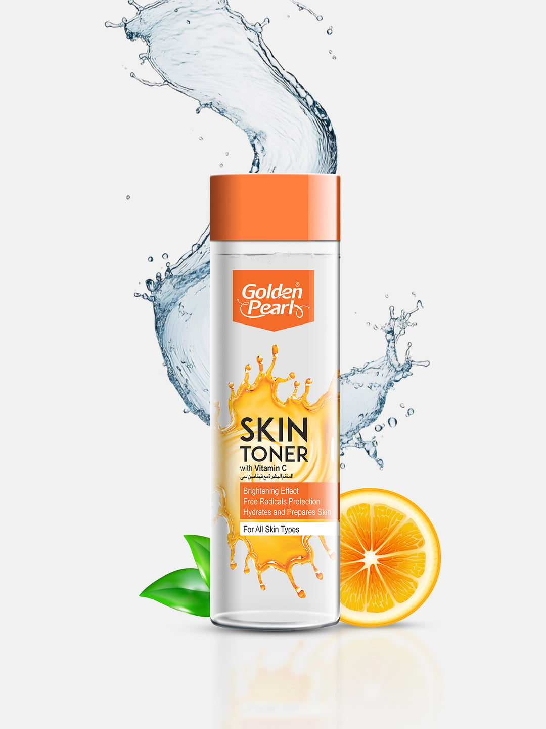 Golden Pearl Skin Toner bottle with water splashes and an orange slice on a white background