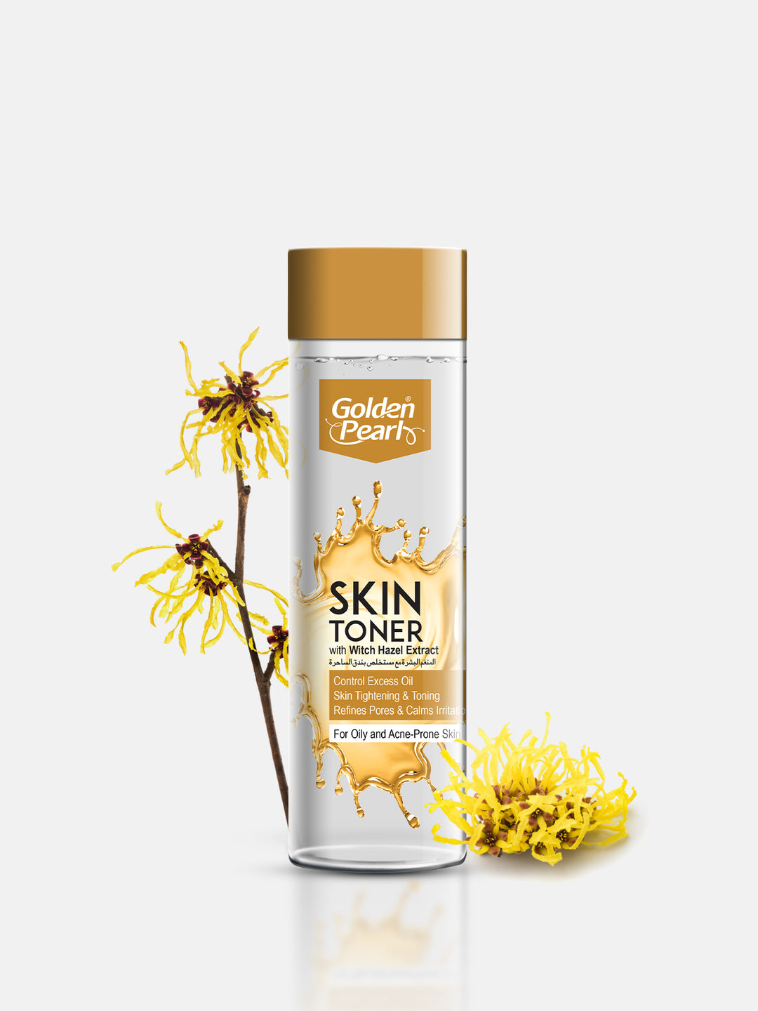 Golden Pearls Skin Toner bottle with yellow flowers on a white background