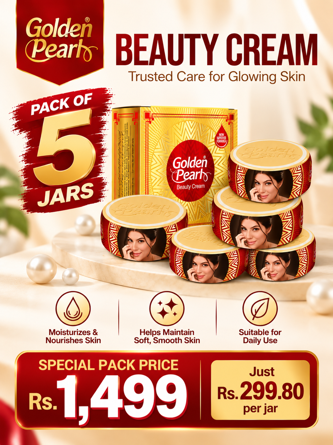 Golden Pearl Beauty Cream Pack of 5 jars with matching red and gold packaging, priced at Rs. 1,499 (Rs. 299.80 per jar), featuring moisturizing benefits for soft, smooth skin and daily skincare use.