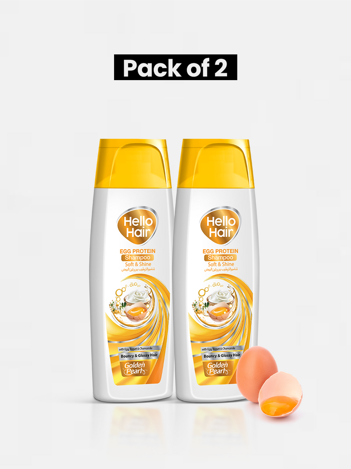 Two bottles of Hello Hair Egg Protein Shampoo with two hair masks on a white background