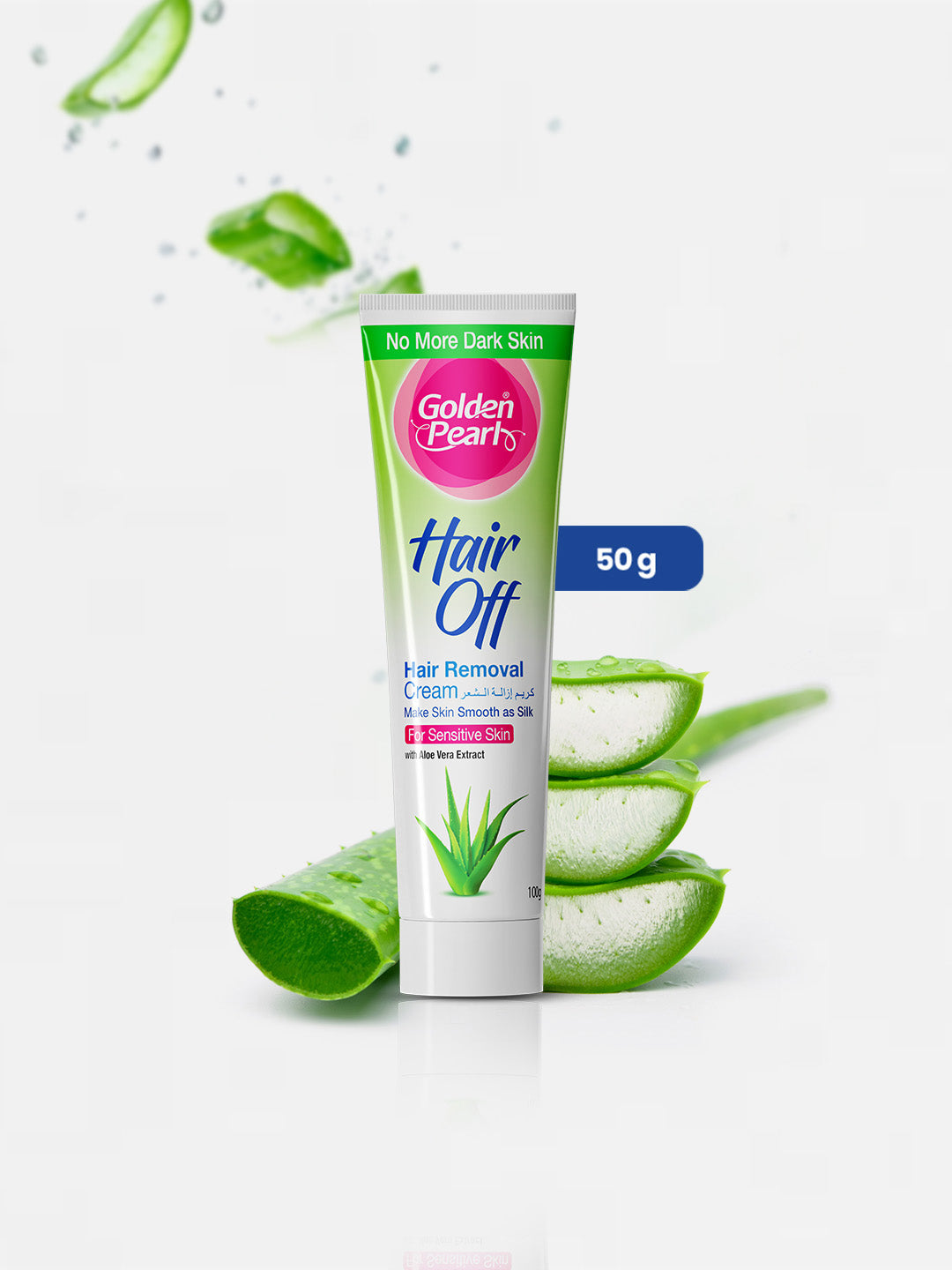 Tube of Golden Pearl Hair Off hair removal cream with aloe vera leaves on a white background