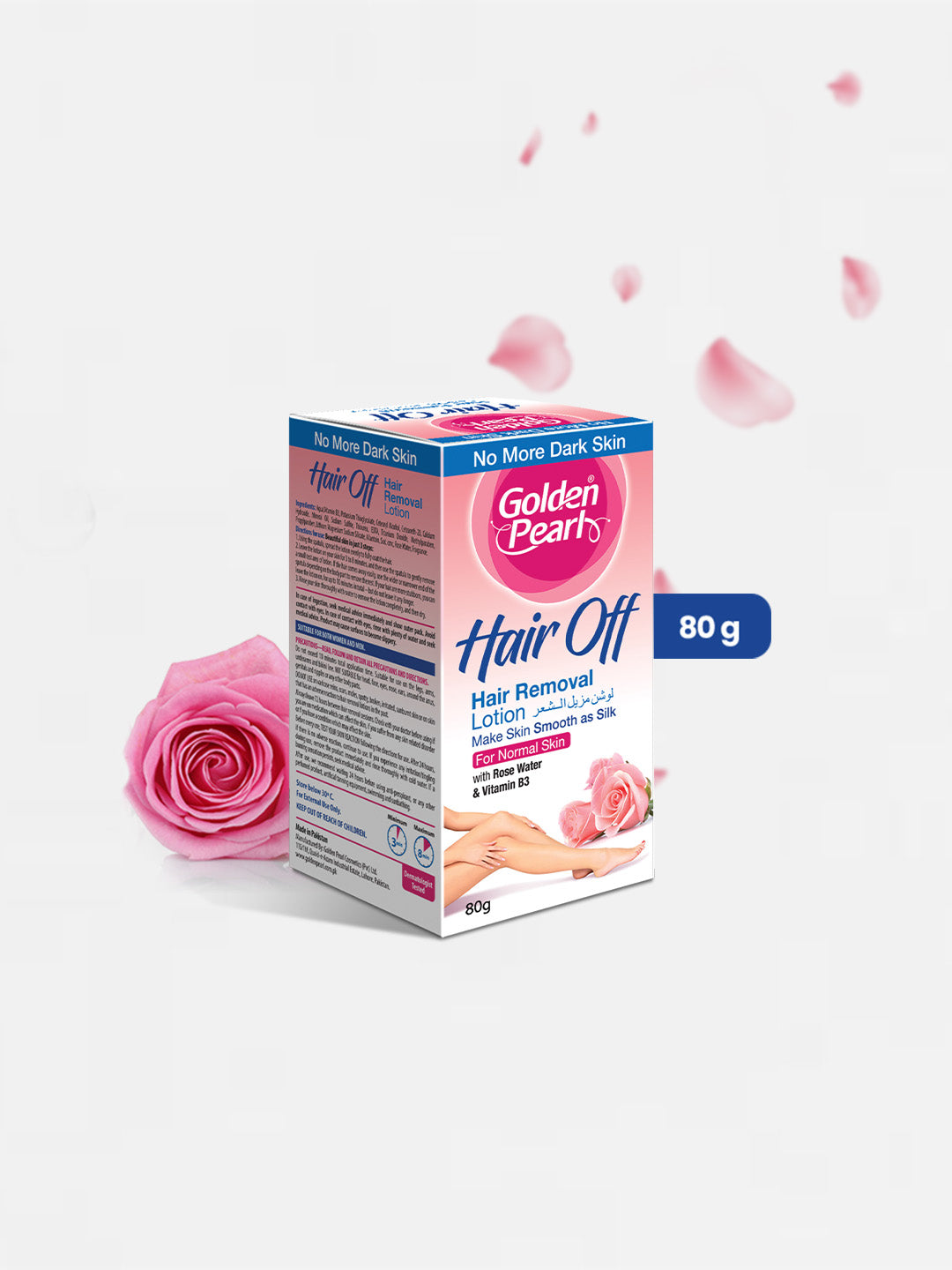 Golden Pearl Hair Off hair removal lotion box with a pink rose on a white background