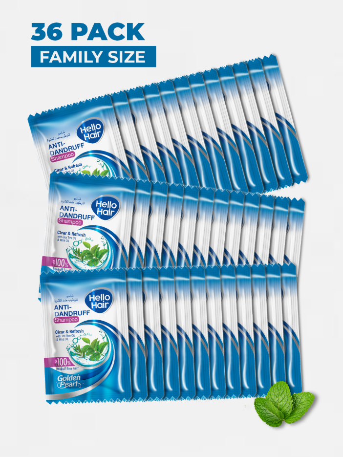 36-pack of Hello Hair anti-dandruff shampoo packets on a white background