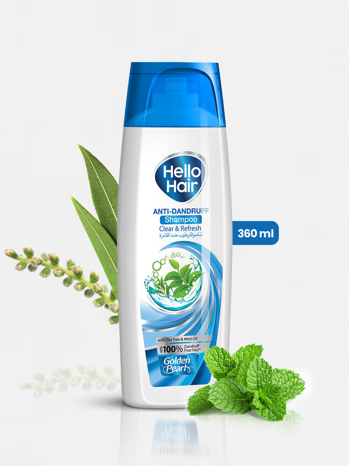 Shampoo bottle with mint leaves and plant elements on a white background