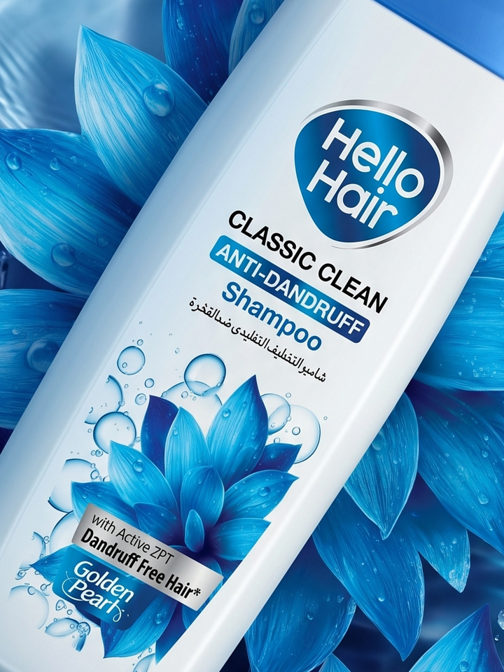 Hello Hair shampoo bottle with blue floral background