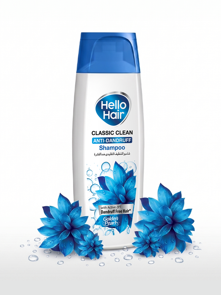 Hello Hair shampoo bottle with blue flowers on a white background