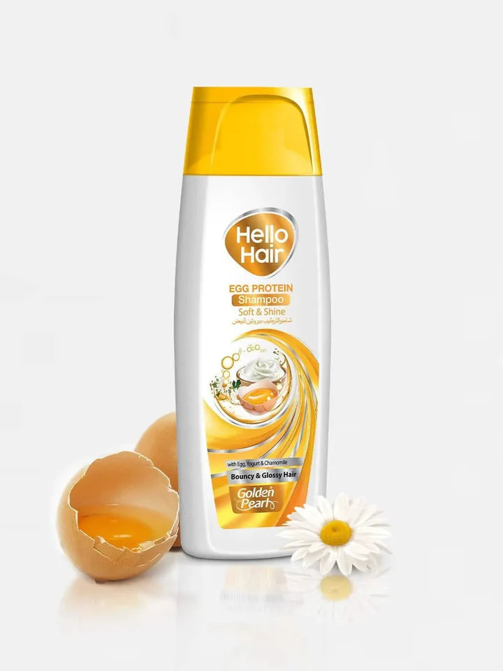 Hello Hair shampoo bottle with egg and flower on a white background