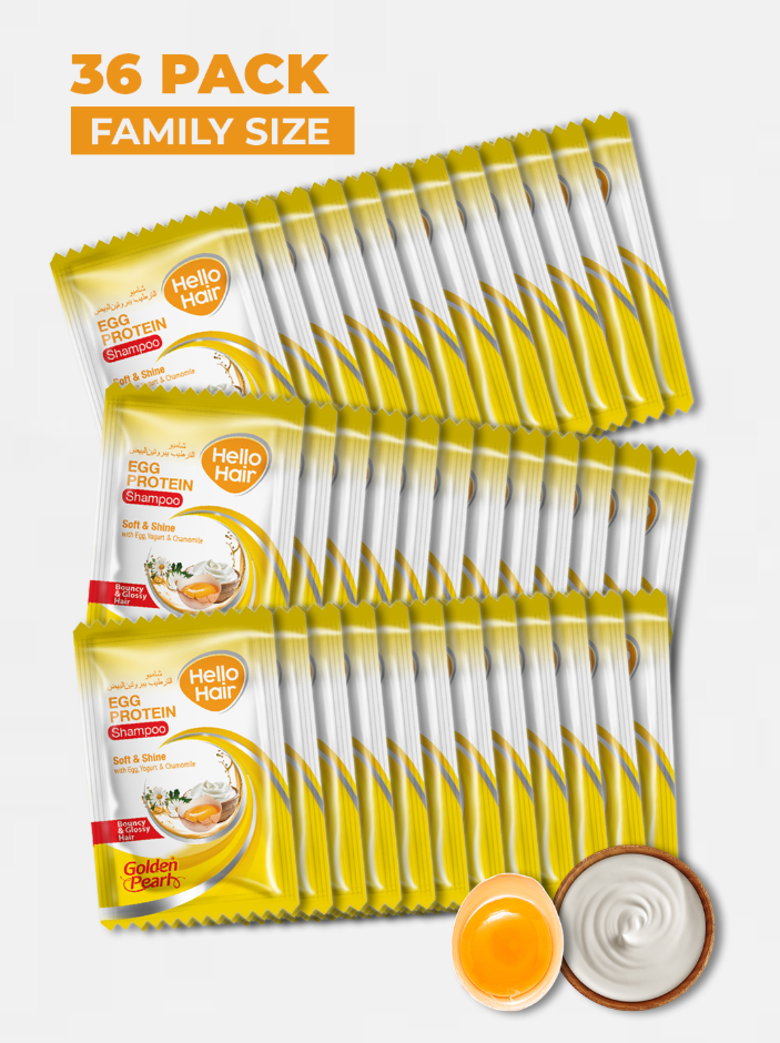 36-pack family size of Hello Hair protein shampoo with packaging and product on a white background