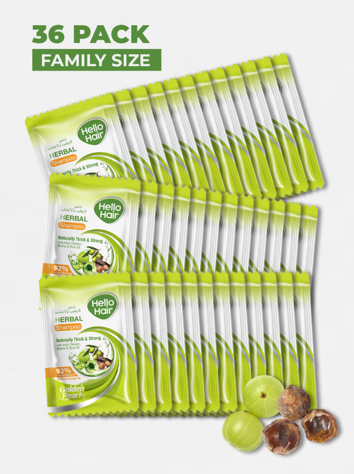 36-pack of Hello Hair herbal product with green and white packaging on a white background.