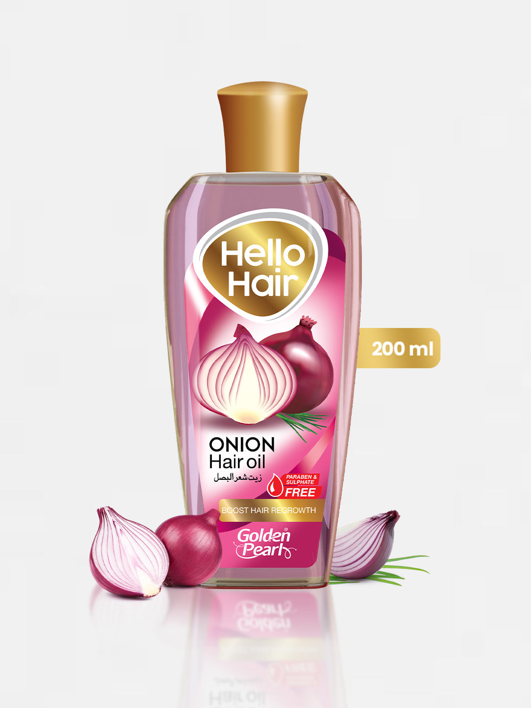 Hello Hair Onion Hair Oil bottle with onions and brand logo on a white background