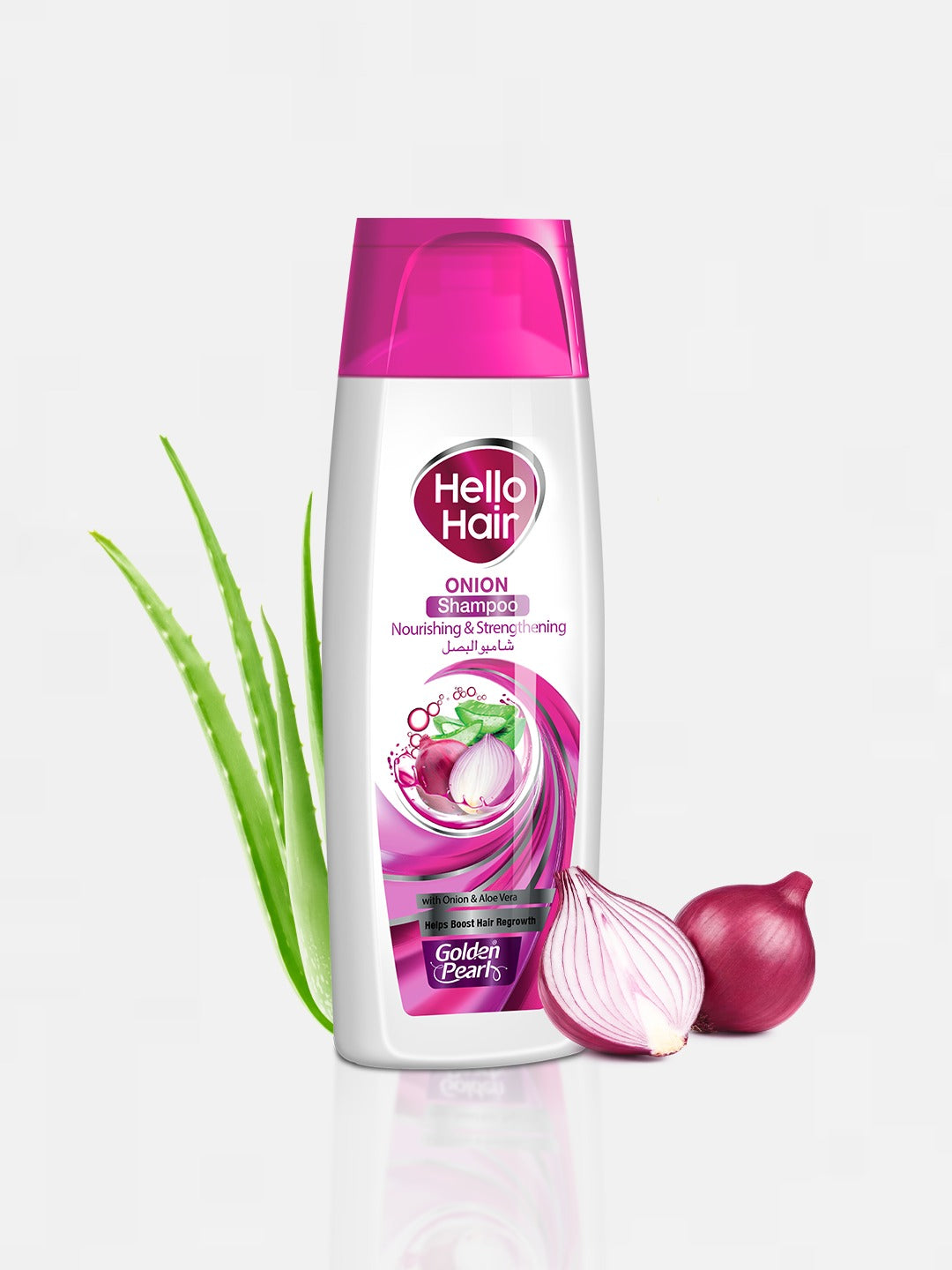 A bottle of Hello Hair Onion Shampoo with pink cap, alongside a slice of onion and aloe vera leaf.