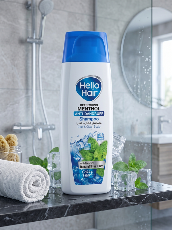 Hello Hair shampoo bottle on a bathroom counter with a blurred background