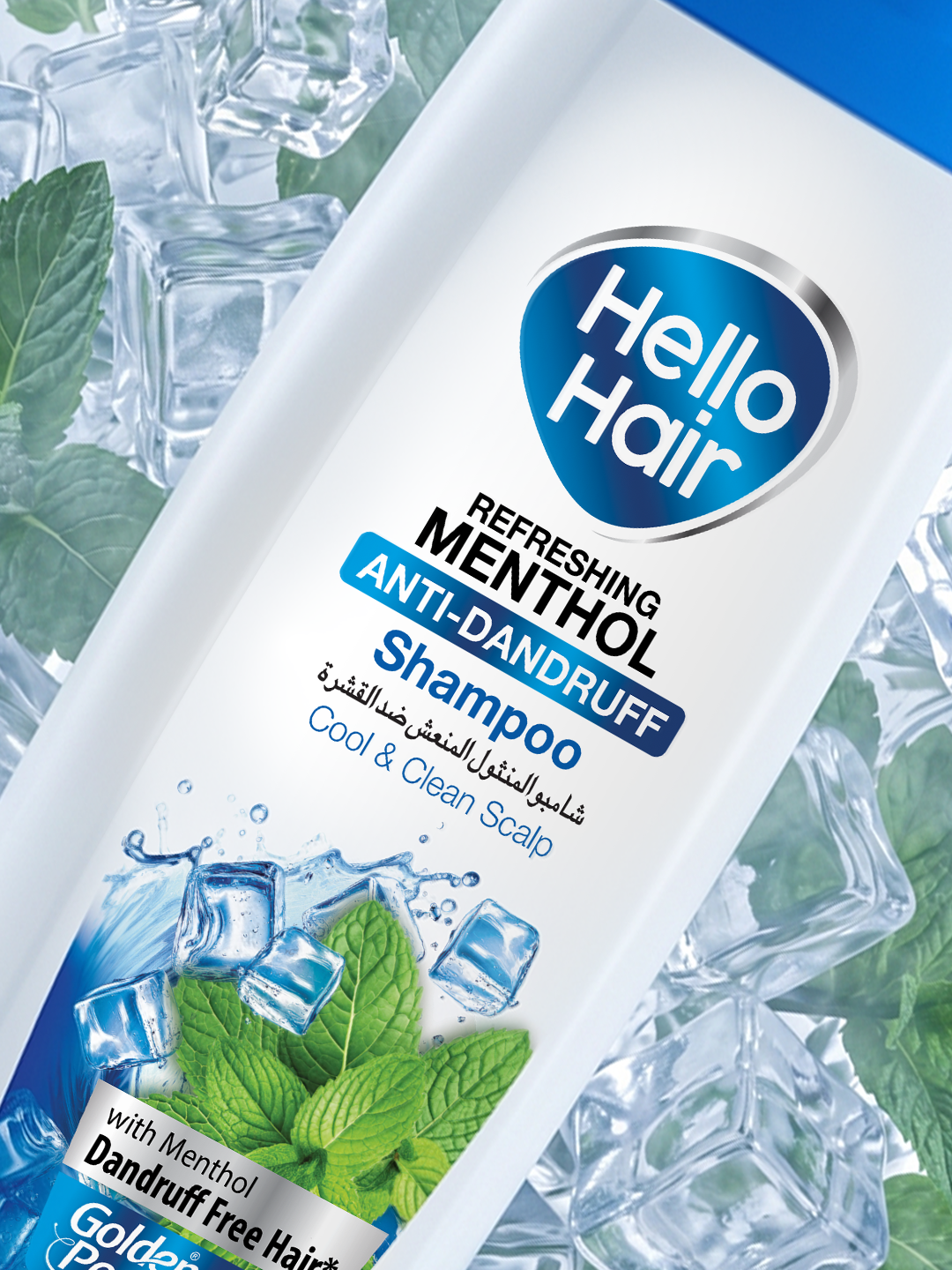 Hello Hair Refreshing Menthol Anti-Dandruff Shampoo bottle with ice cubes and mint leaves on a blue background