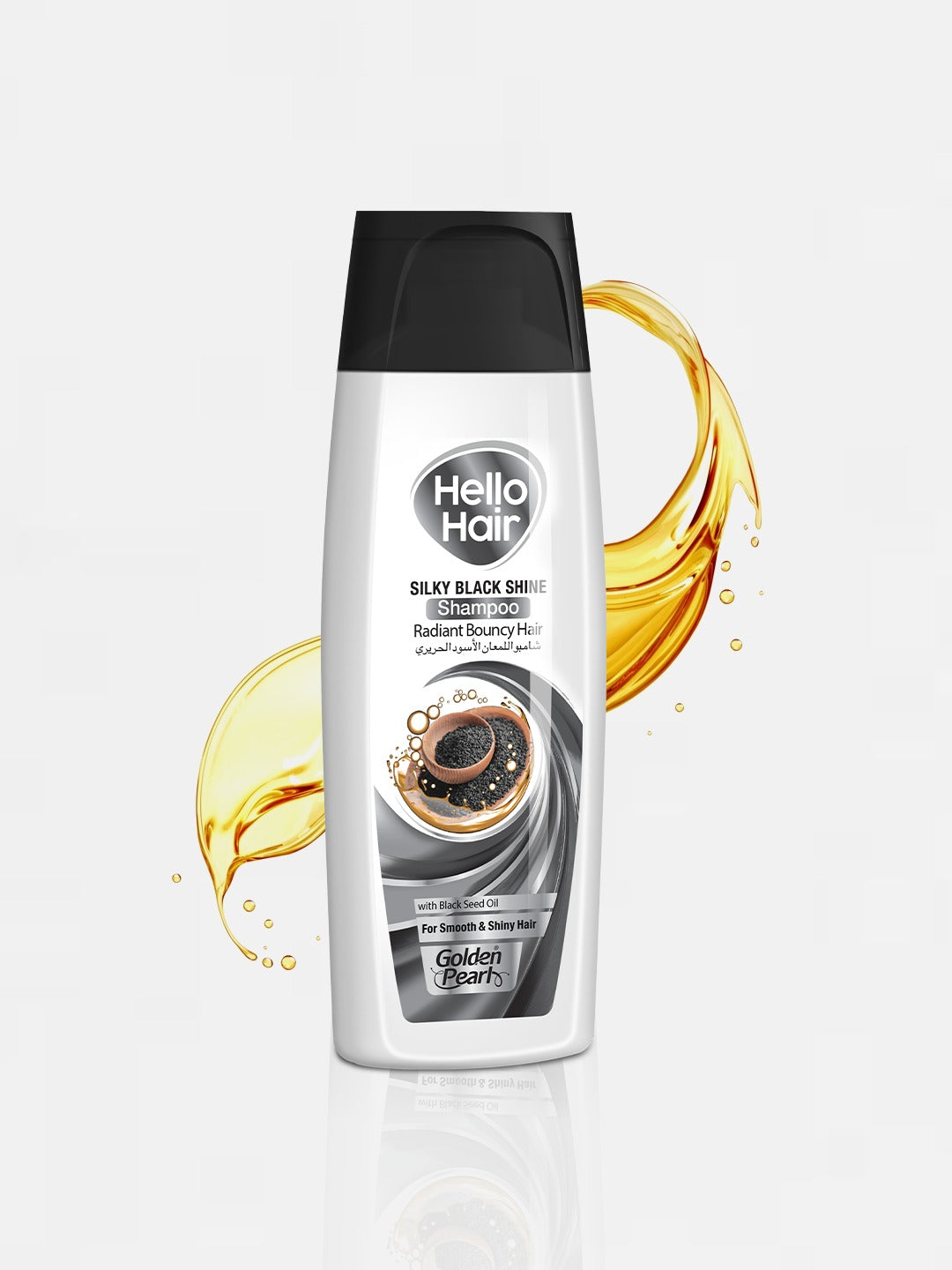 Bottle of Hello Hair Silky Black Shine Shampoo with black seed oil, designed for smooth and shiny hair.