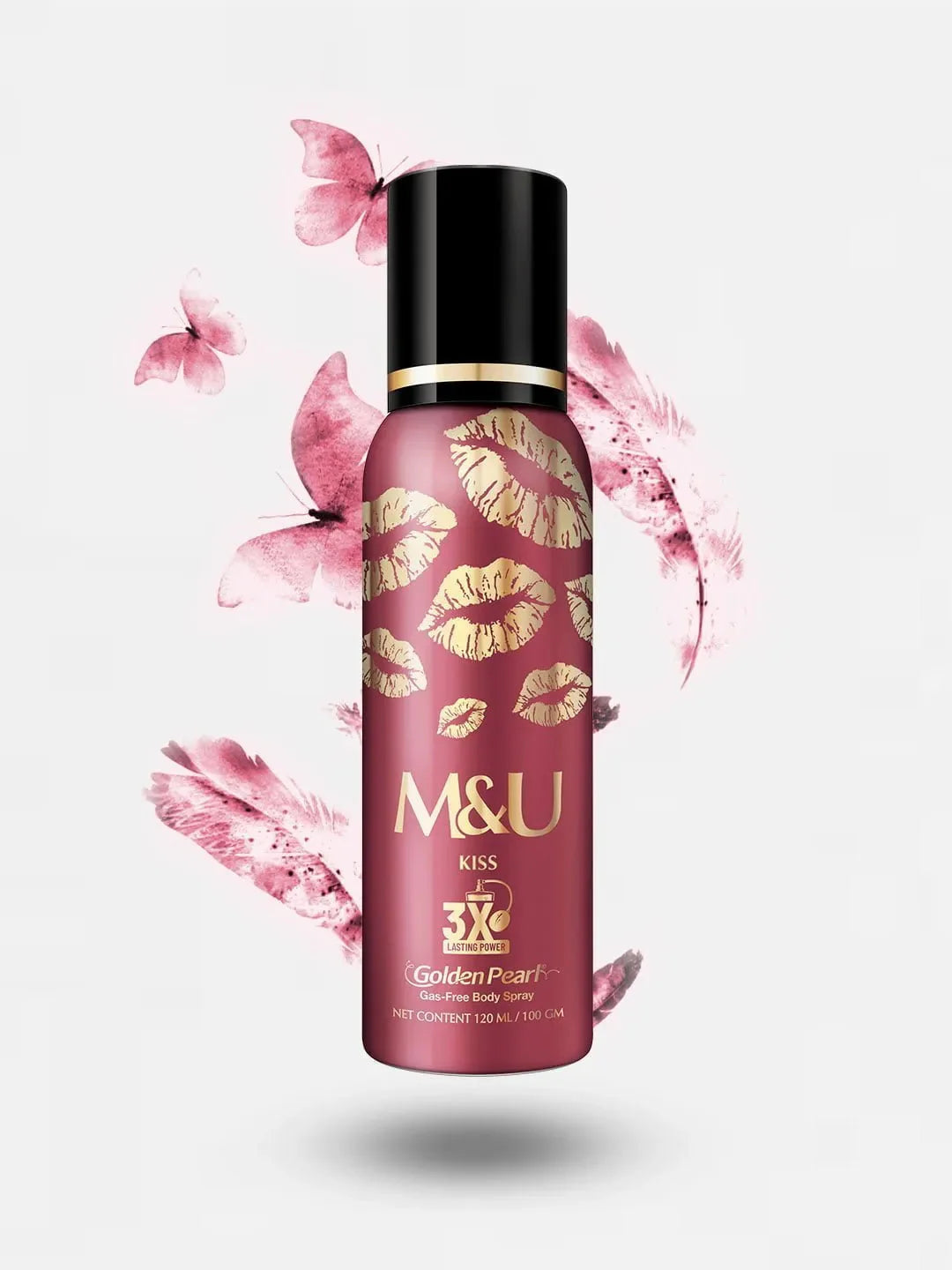 M&U body spray with pink floral design on a light gray background