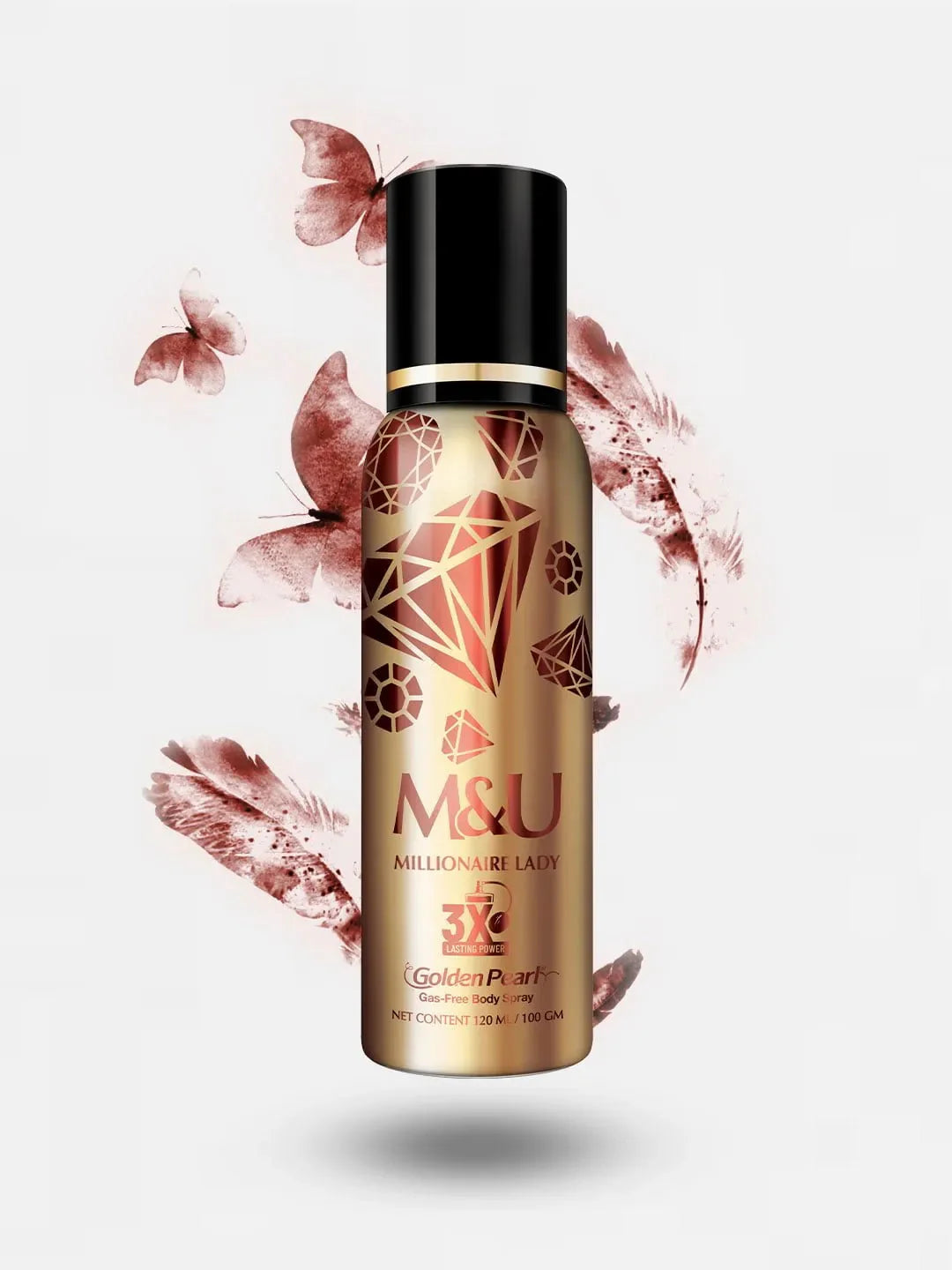Gold M&U bottle with decorative design on a light background