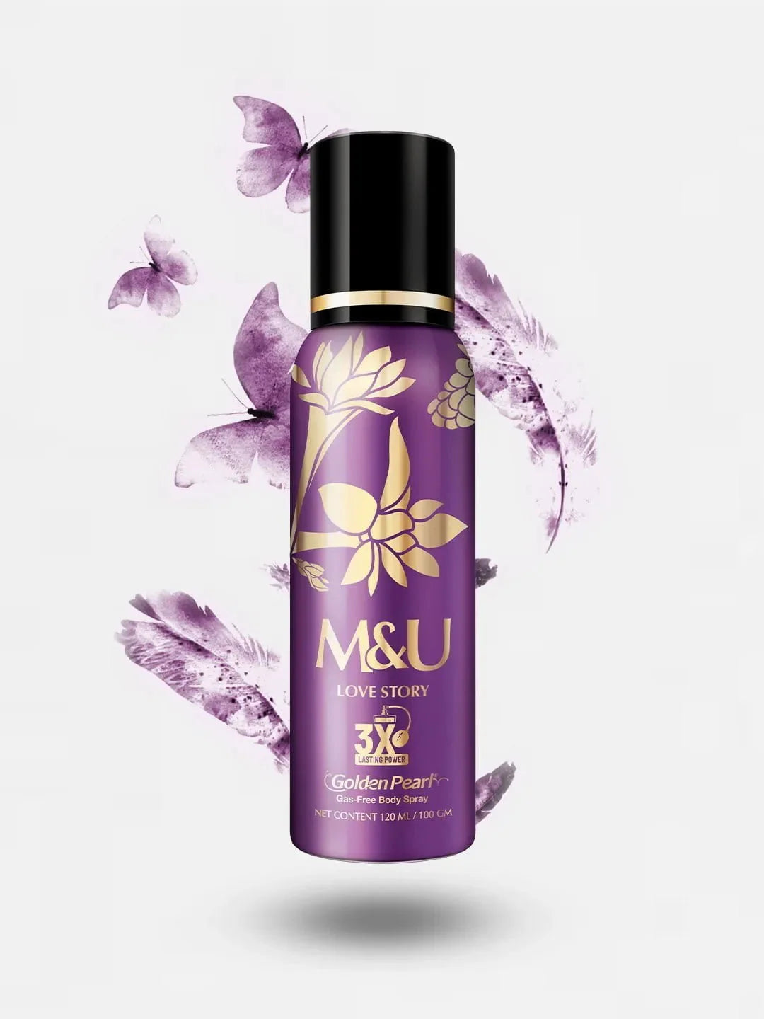 Purple body spray bottle with gold accents and floral design on a white background