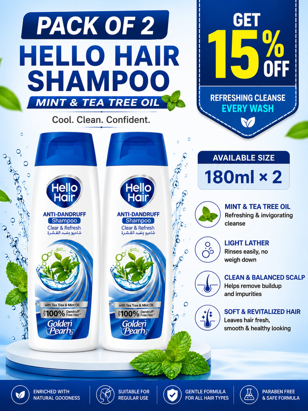 Pack of 2 Hello Hair Shampoo bottles with promotional text on a blue background