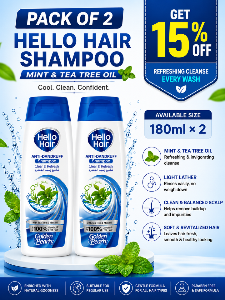 Pack of 2 Hello Hair Shampoo bottles with promotional text on a blue background