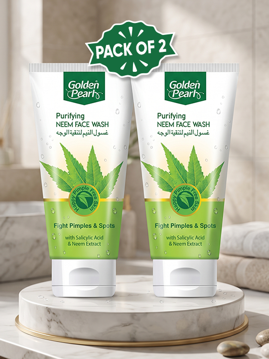 Two tubes of Golden Bearts Purifying Neem Face Wash displayed on a marble pedestal with a spa-like bathroom background. A green badge at the top reads &